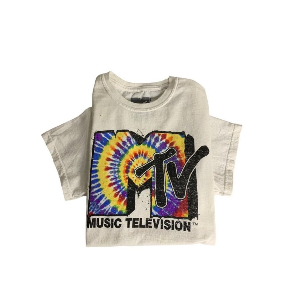 Small MTV Adult Unixex Tshirt Tie Dye‎ Graffiti Logo White Short Sleeve
